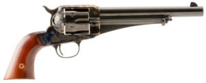Taylors & Company 550378 1875 Army Outlaw Uberti Large 357 Mag/38 Special 6 Shot 7.50″ Blued Round Barrel & Cylinder, Color Case Hardened Steel Frame, Walnut Grip. Exposed Hammer