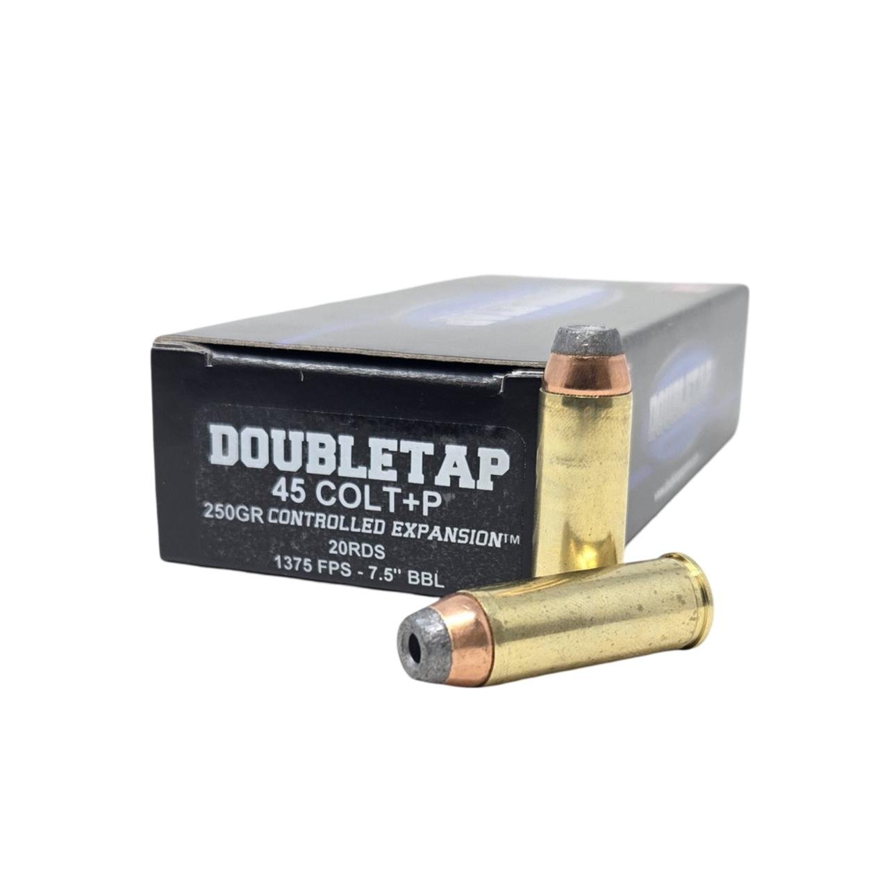 Double Tap Controlled Expansion Handgun Ammunition .45 Colt(+P) 250gr SJHP 1375 fps 20/ct Double Tap Controlled Expansion Handgun Ammunition .45 Colt(+P) 250gr SJHP 1375 fps 20/ct