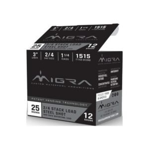 Migra Steel Waterfowl Stacked Shotshell 12ga 3″ 1-1/4 oz 1515 fps #2 & #4 25/ct