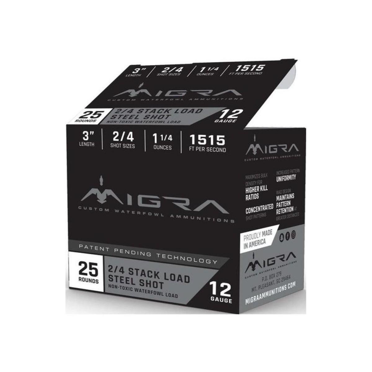 Migra Steel Waterfowl Stacked Shotshell 12ga 3″ 1-1/4 oz 1515 fps #2 & #4 25/ct Migra Steel Waterfowl Stacked Shotshell 12ga 3″ 1-1/4 oz 1515 fps #2 & #4 25/ct