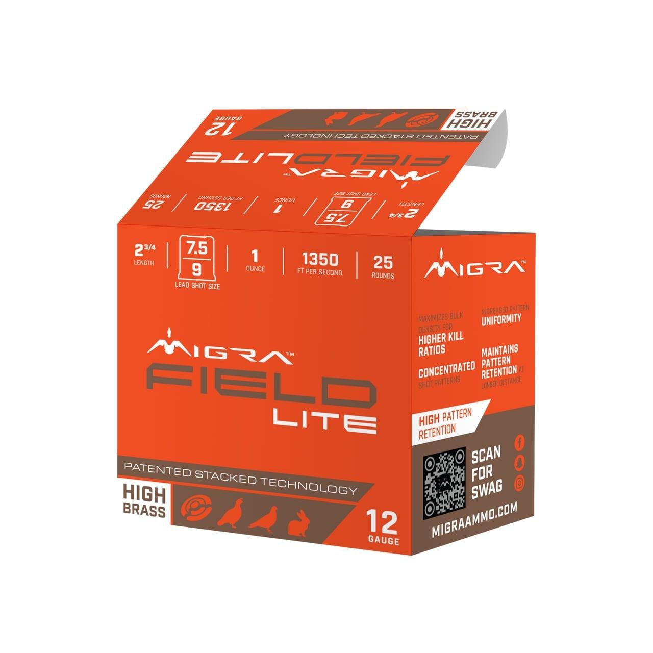 Migra Field Lite Stacked Shotshells 12ga 2-3/4″ 1oz 1300 fps #7.5 & #9 25/ct Migra Field Lite Stacked Shotshells 12ga 2-3/4″ 1oz 1300 fps #7.5 & #9 25/ct