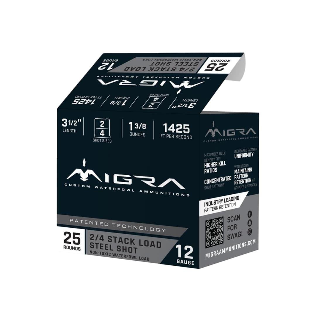 Migra Steel Waterfowl Stacked Shotshells 12ga 3.5″ 1-3/8oz 1425 fps #2 & #4 25/ct Migra Steel Waterfowl Stacked Shotshells 12ga 3.5″ 1-3/8oz 1425 fps #2 & #4 25/ct