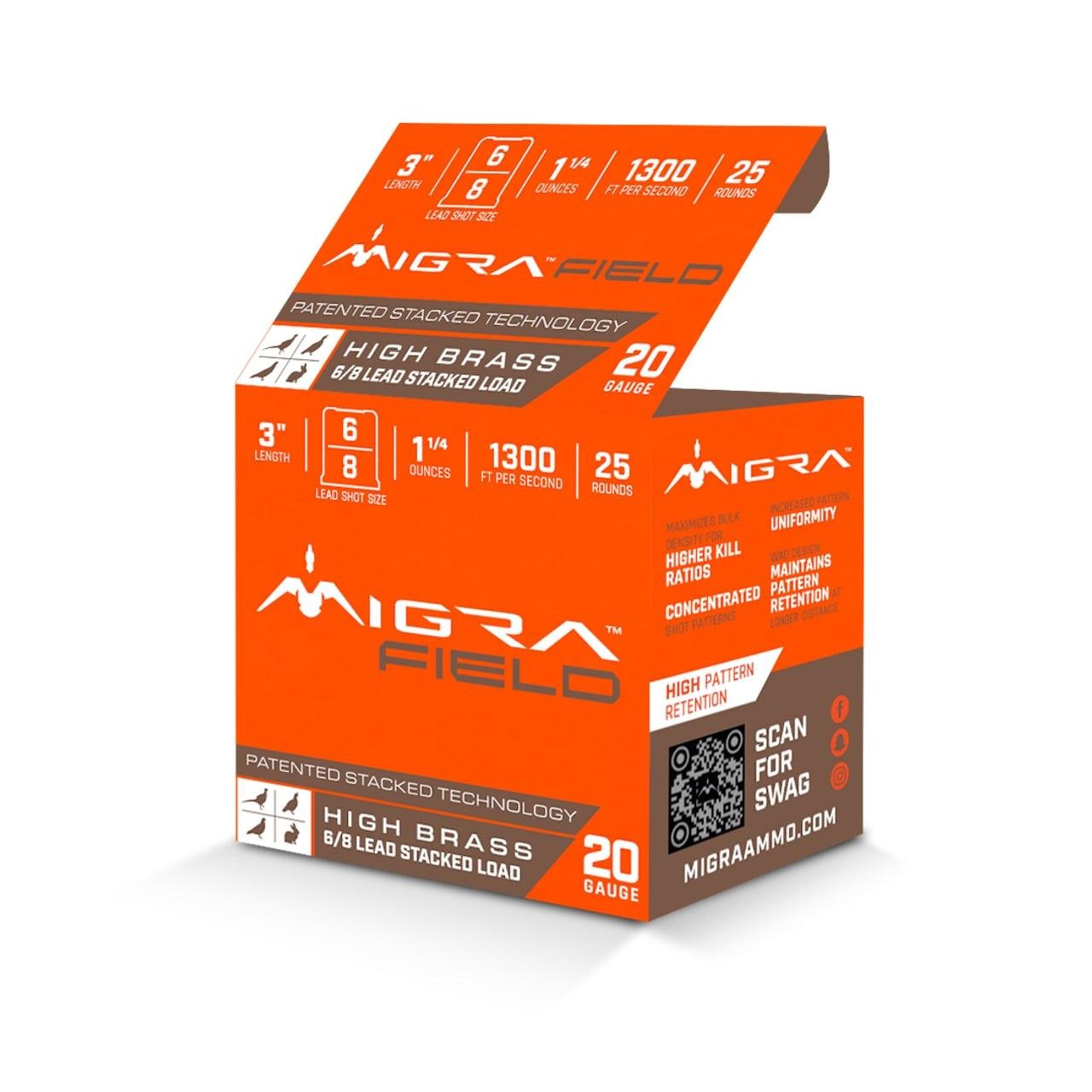 Migra Ultimate Field Hi-Brass Lead Stacked Shotshells 20ga 3″ 1-1/4 oz 1300 fps #6 & 8 Shot 25/ct Migra Ultimate Field Hi-Brass Lead Stacked Shotshells 20ga 3″ 1-1/4 oz 1300 fps #6 & 8 Shot 25/ct