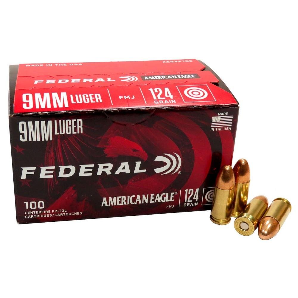 Federal American Eagle Handgun Ammo 9mm Luger 124 gr FMJ 1150 fps 100/ct Federal American Eagle Handgun Ammo 9mm Luger 124 gr FMJ 1150 fps 100/ct