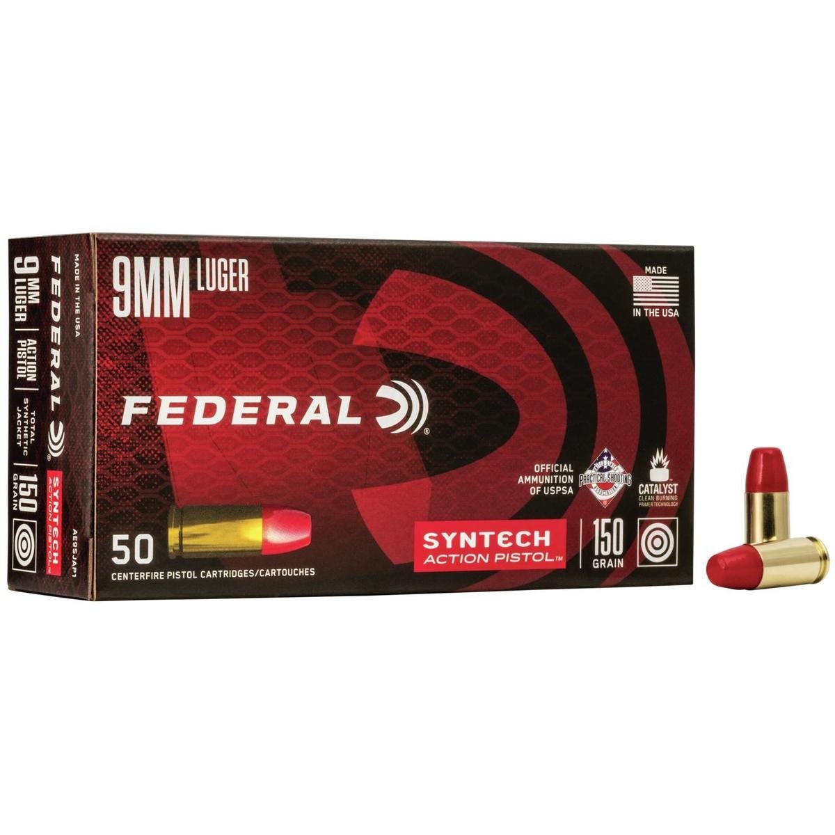 Federal American Eagle Syntech Handgun Ammunition 9mm Luger 150 gr TSJ 890 fps 50/ct Federal American Eagle Syntech Handgun Ammunition 9mm Luger 150 gr TSJ 890 fps 50/ct