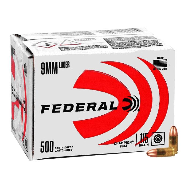 Federal Champion Training Handgun Ammunition 9mm Luger 115 gr FMJ 1125fps 500/ct (Bulk) Federal Champion Training Handgun Ammunition 9mm Luger 115 gr FMJ 1125fps 500/ct (Bulk)