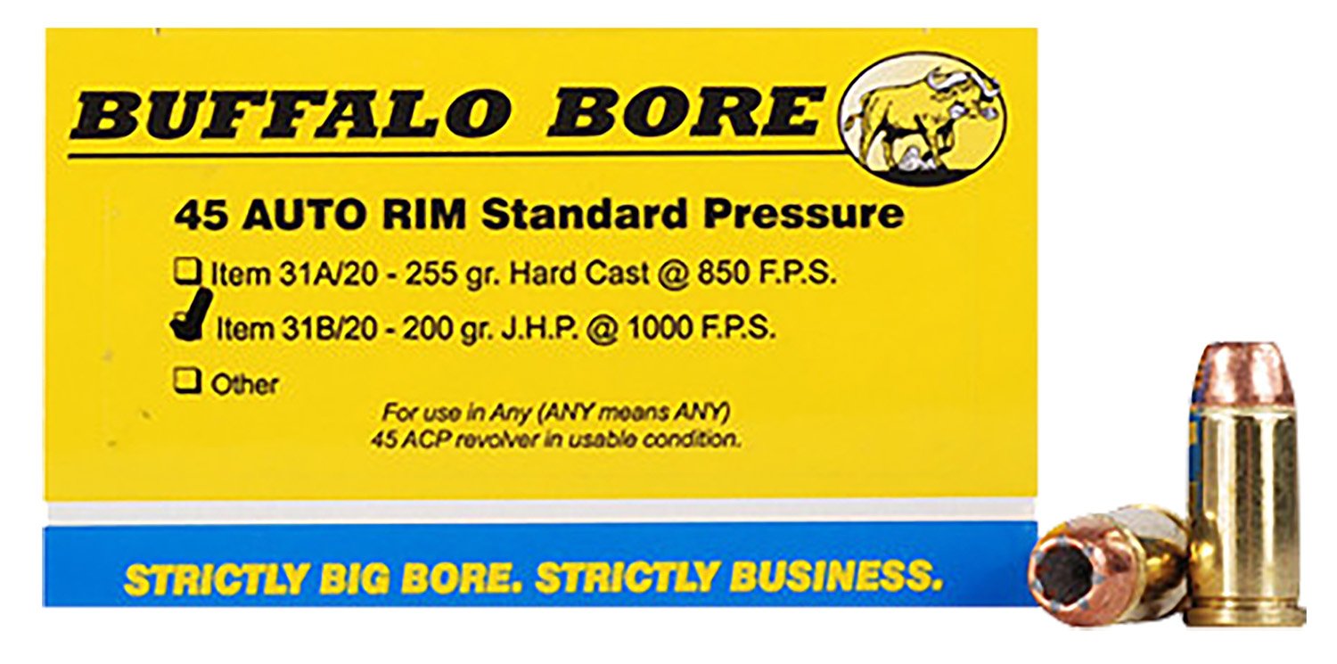 Buffalo Bore Ammunition 31B20 Standard Pressure Strictly Business 45Auto Rim 200gr Jacket Hollow Point 20 Per Box/12 Case Buffalo Bore Ammunition 31B20 Standard Pressure Strictly Business 45Auto Rim 200gr Jacket Hollow Point 20 Per Box/12 Case