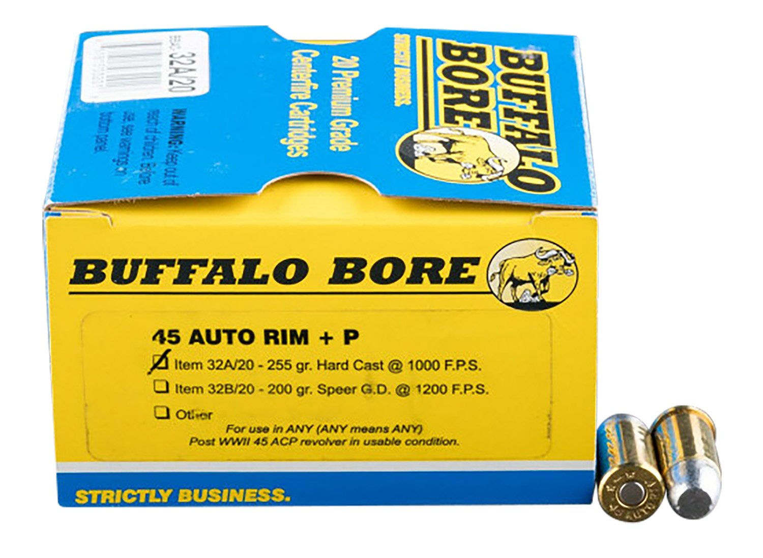 Buffalo Bore Ammunition 32A20 Personal Defense Strictly Business 45Auto Rim +P 255gr Hard Cast Flat Nose 20 Per Box/12 Case Buffalo Bore Ammunition 32A20 Personal Defense Strictly Business 45Auto Rim +P 255gr Hard Cast Flat Nose 20 Per Box/12 Case