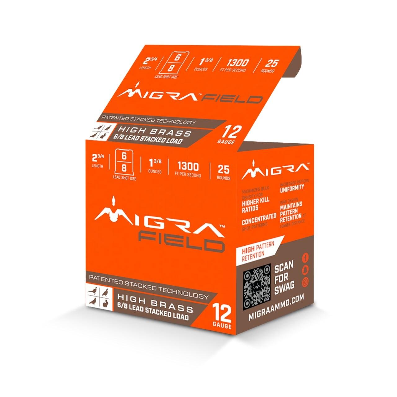 Migra Ultimate Field Hi-Brass Lead Stacked Shotshells 12ga 2-3/4″ 1-3/8oz 1300 fps #6 & 8 Shot 25/ct Migra Ultimate Field Hi-Brass Lead Stacked Shotshells 12ga 2-3/4″ 1-3/8oz 1300 fps #6 & 8 Shot 25/ct
