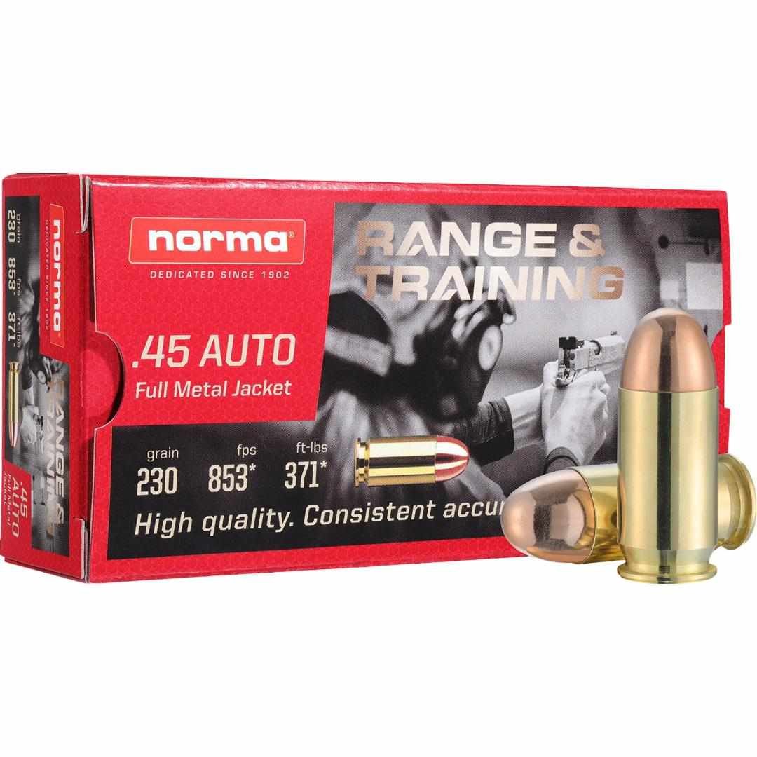 Norma Range and Training Handgun Ammunition .45 Auto 230gr FMJ 853 fps 50/ct Norma Range and Training Handgun Ammunition .45 Auto 230gr FMJ 853 fps 50/ct