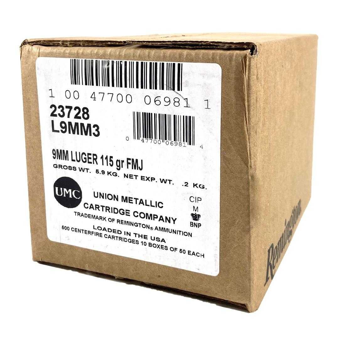Remington UMC Handgun Ammunition 9mm Luger 115 gr FMJ 1145 fps 1000/ct (20-50/ct) Remington UMC Handgun Ammunition 9mm Luger 115 gr FMJ 1145 fps 1000/ct (20-50/ct)