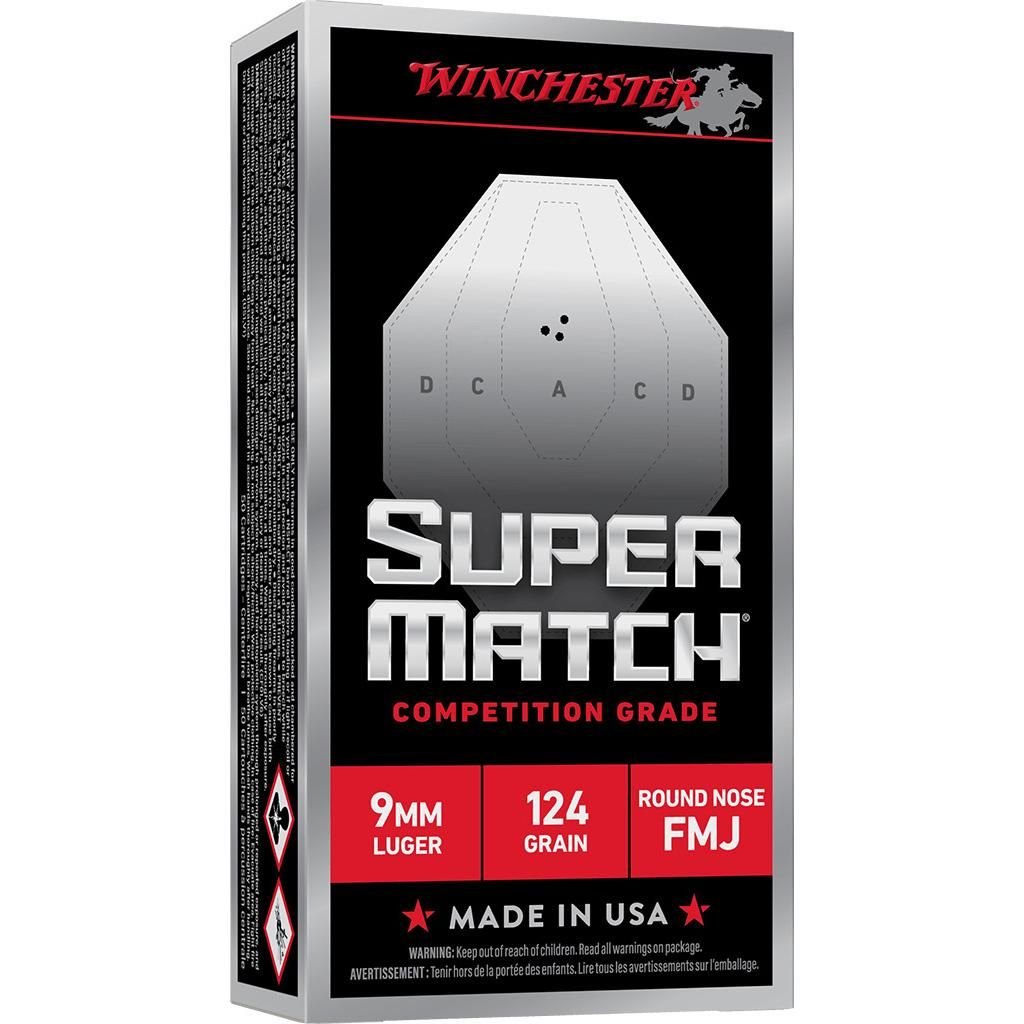 Winchester Super Match Handgun Ammunition 9mm Luger 124gr FMJ 1140fps 50/ct Winchester Super Match Handgun Ammunition 9mm Luger 124gr FMJ 1140fps 50/ct