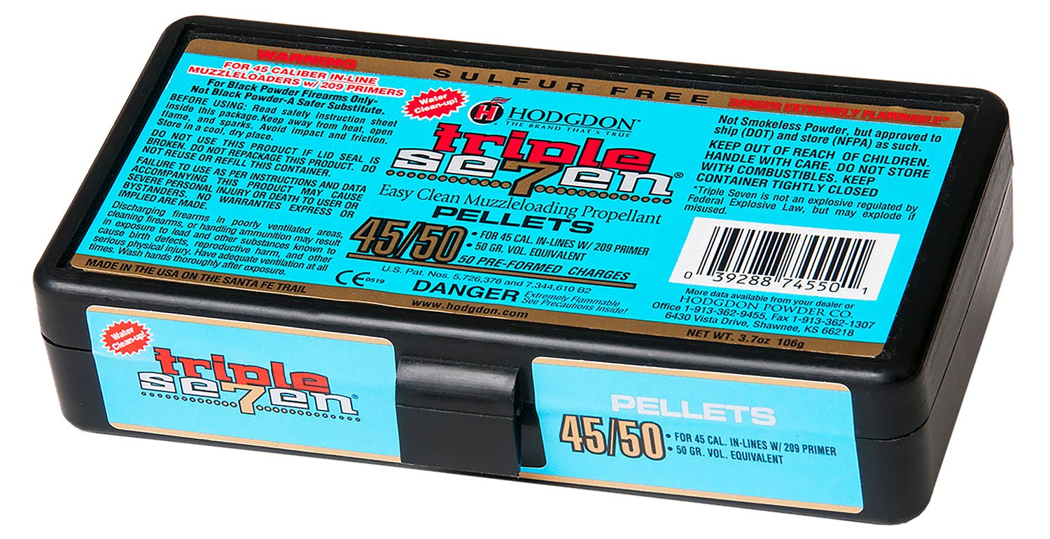Hodgdon T74550 Triple Seven Pellets 45/50 50 gr 50 Per Box/12 Boxes Per Case Hodgdon T74550 Triple Seven Pellets 45/50 50 gr 50 Per Box/12 Boxes Per Case