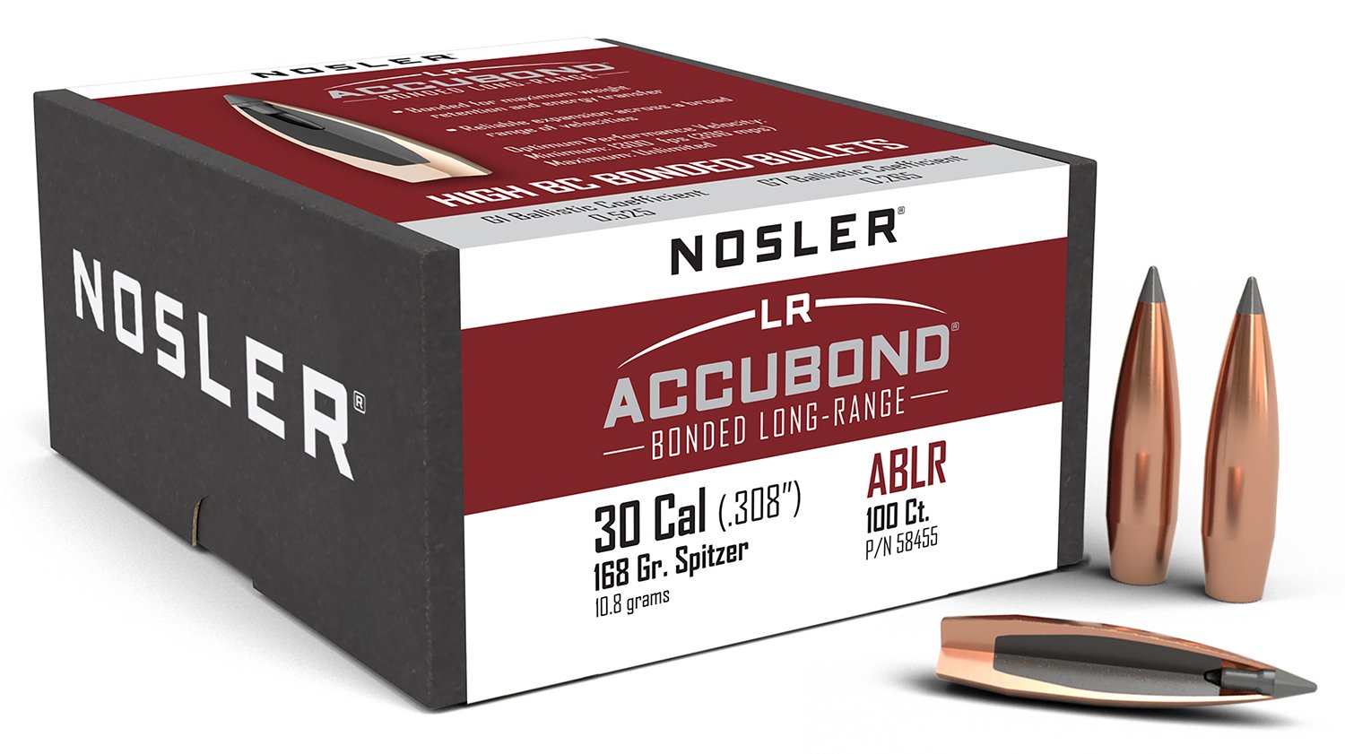 Nosler 58455 AccuBond Long Range 30Cal 168gr Spitzer Point Boat Tail 100/Box Nosler 58455 AccuBond Long Range 30Cal 168gr Spitzer Point Boat Tail 100/Box