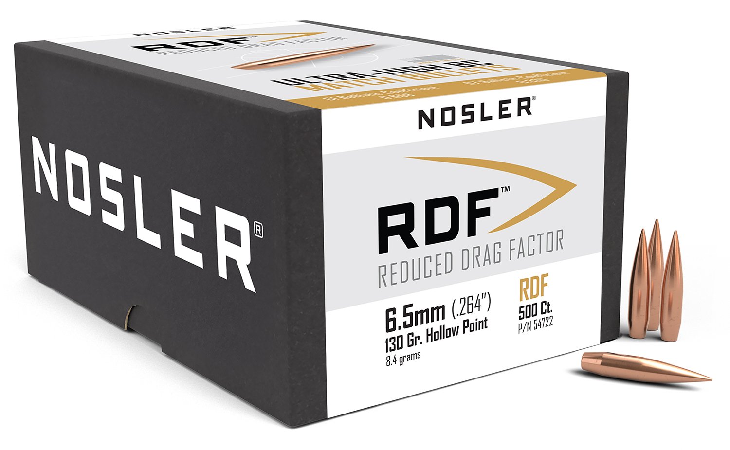 Nosler 54722 RDF Match 6.5Creedmoor 130gr Hollow Point Boat Tail 500/Box Nosler 54722 RDF Match 6.5Creedmoor 130gr Hollow Point Boat Tail 500/Box