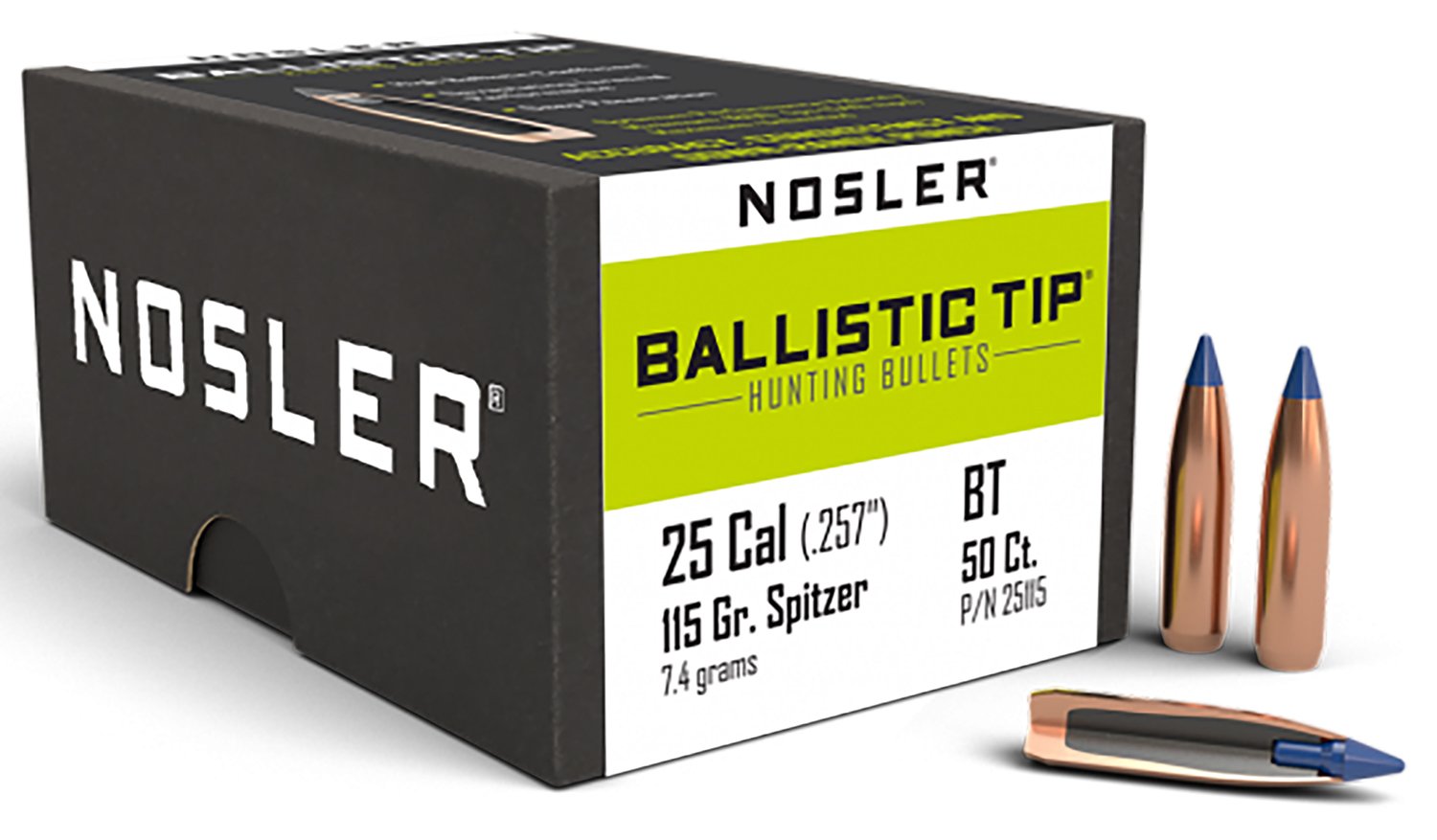 Nosler 25115 Ballistic Tip 25Cal 115gr Spitzer Point 50/Box Nosler 25115 Ballistic Tip 25Cal 115gr Spitzer Point 50/Box