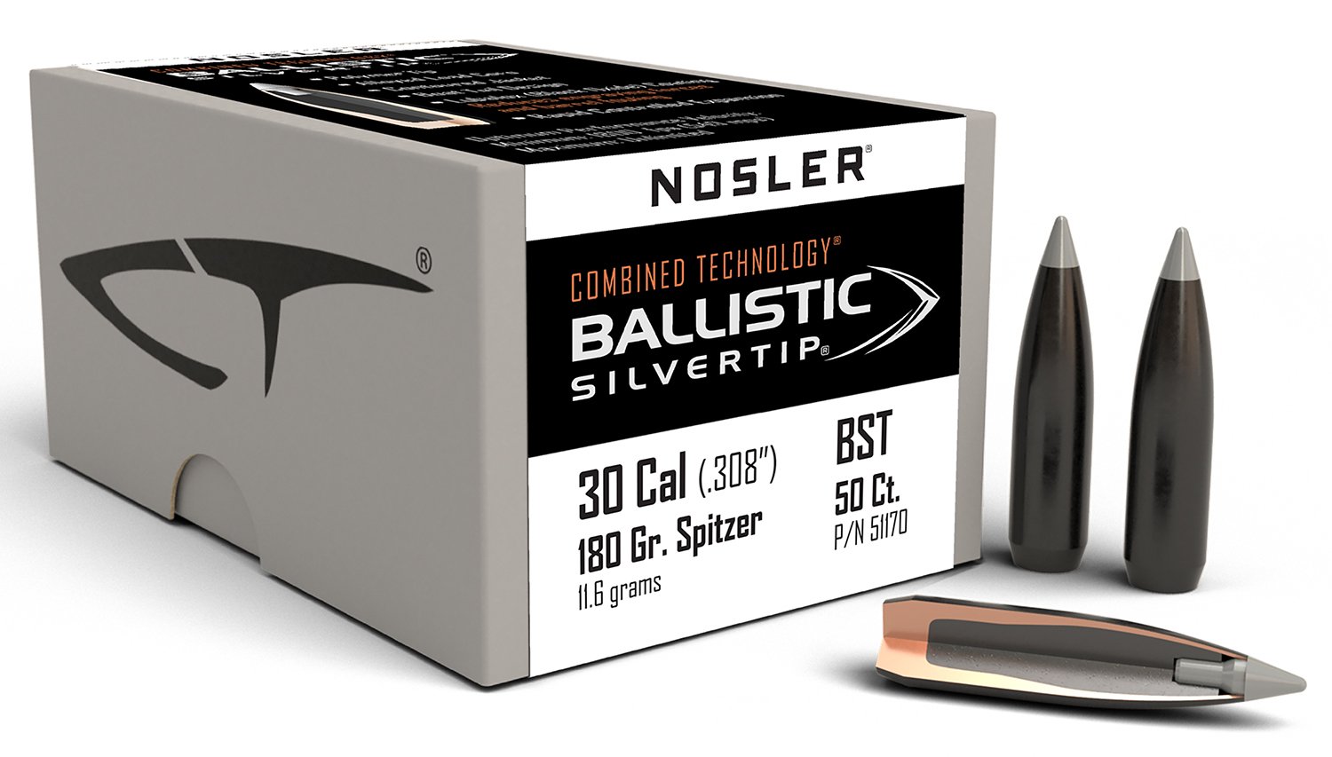 Nosler 51170 Ballistic Silvertip 30Cal 180gr Spitzer Point 50/Box Nosler 51170 Ballistic Silvertip 30Cal 180gr Spitzer Point 50/Box
