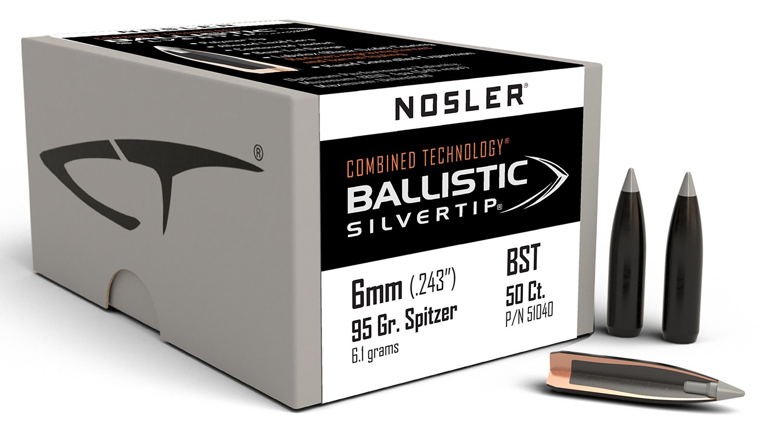 Nosler 51040 Ballistic Silvertip 6mm 95gr Spitzer Point 50/Box Nosler 51040 Ballistic Silvertip 6mm 95gr Spitzer Point 50/Box