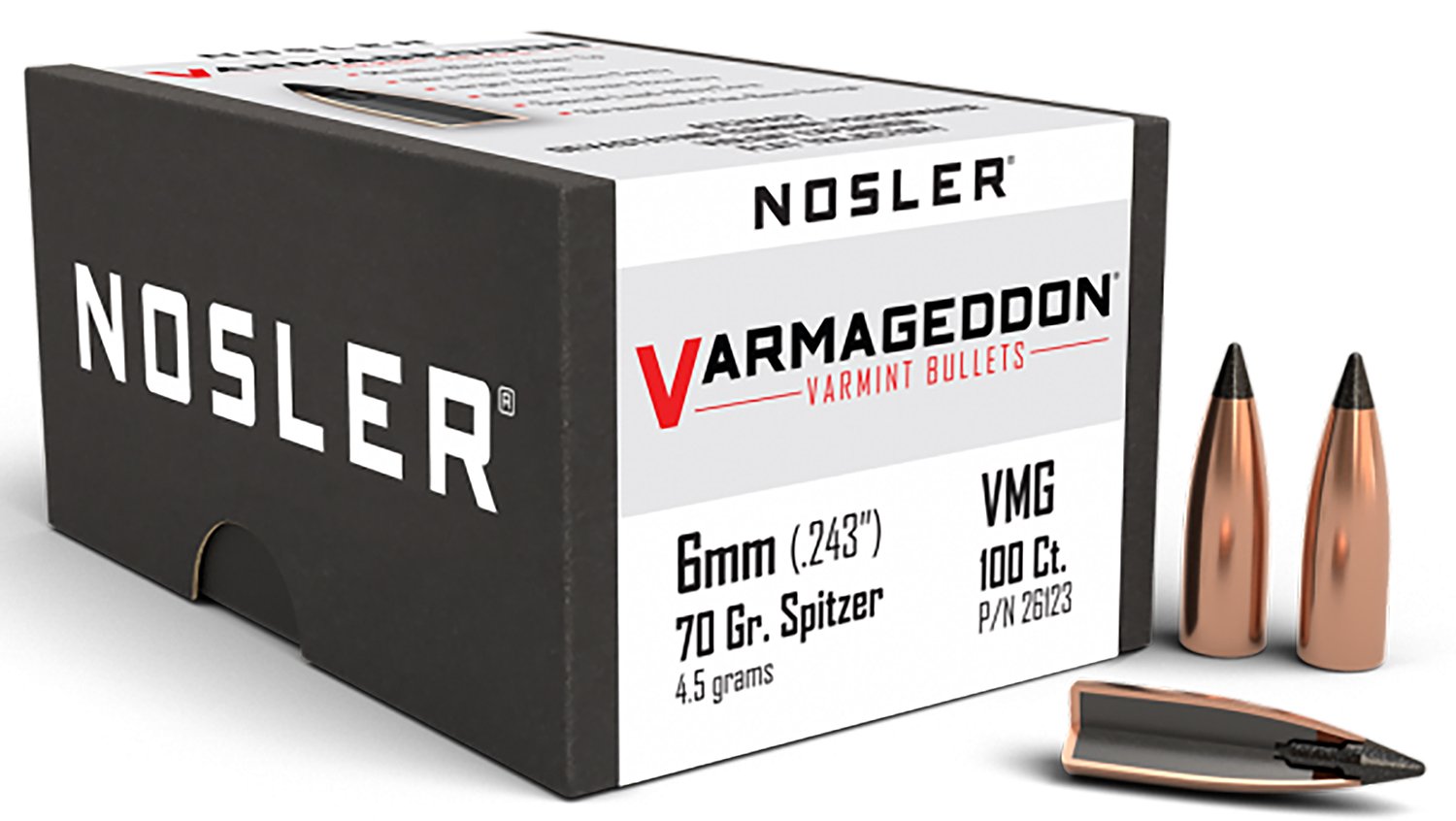 Nosler 26123 Varmageddon 6mm 70gr Flat Base Tipped 100/Box Nosler 26123 Varmageddon 6mm 70gr Flat Base Tipped 100/Box