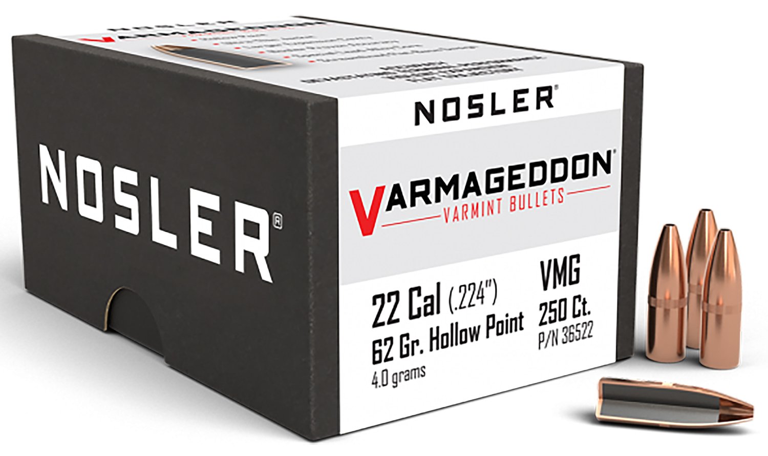 Nosler 36522 Varmageddon 22Cal 62gr Flat Base Hollow Point 250/Box Nosler 36522 Varmageddon 22Cal 62gr Flat Base Hollow Point 250/Box