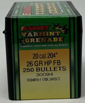 Barnes 20 Cal (.204 Dia) Reloading Bullets Varmint Grenade Copper B30094 26 Grain Frangible Hollow Point 250 Pieces