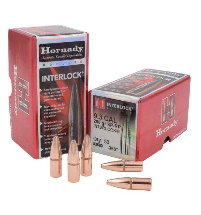Hornady 9.3 Cal (.366 Dia) Reloading Bullets H3560 286 Grain Interlock Soft Point RP 50 Pieces Hornady 9.3 Cal (.366 Dia) Reloading Bullets H3560 286 Grain Interlock Soft Point RP 50 Pieces