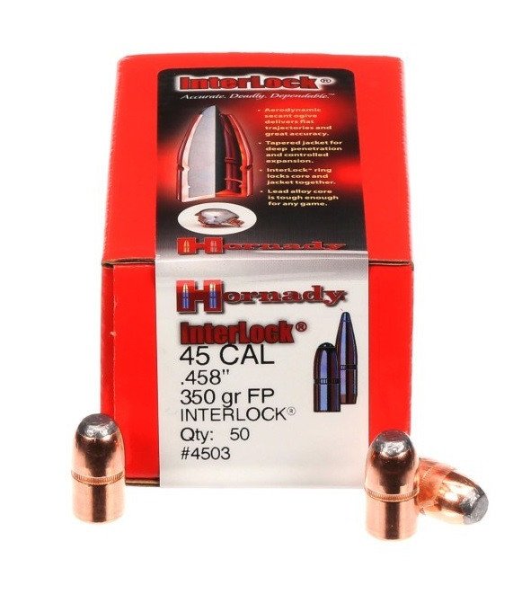 Hornady 45 Cal (.458 Dia) Reloading Bullets H4503 350 Grain Interlock Flat Soft Point 50 Pieces Hornady 45 Cal (.458 Dia) Reloading Bullets H4503 350 Grain Interlock Flat Soft Point 50 Pieces