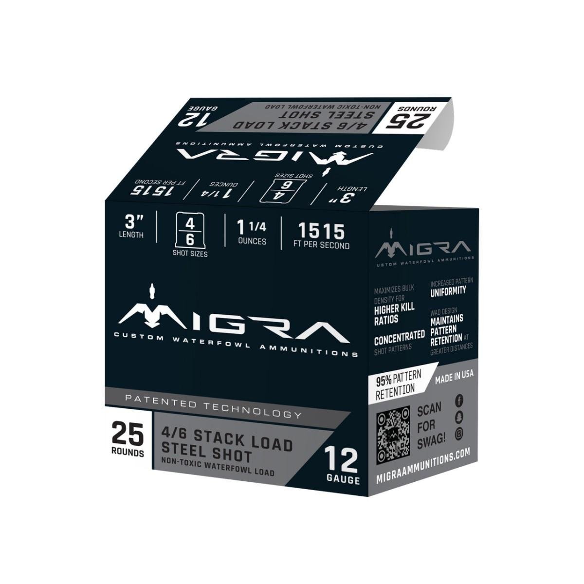 Migra Steel Waterfowl Stacked Shotshell 12ga 3″ 1-1/4 oz 1515 fps #4 & #6 25/ct Migra Steel Waterfowl Stacked Shotshell 12ga 3″ 1-1/4 oz 1515 fps #4 & #6 25/ct